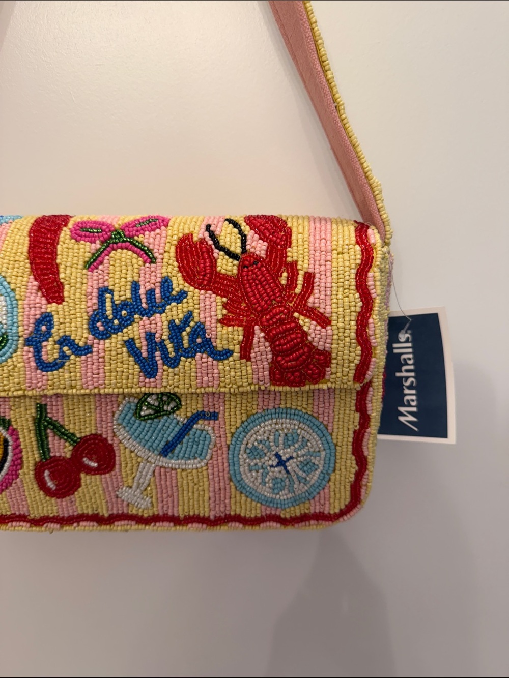 NWT-NEW VIRAL Beaded Pink 'La Dolce Vita' Shoulder Bag with Tropical Motifs - Picture 3 of 12